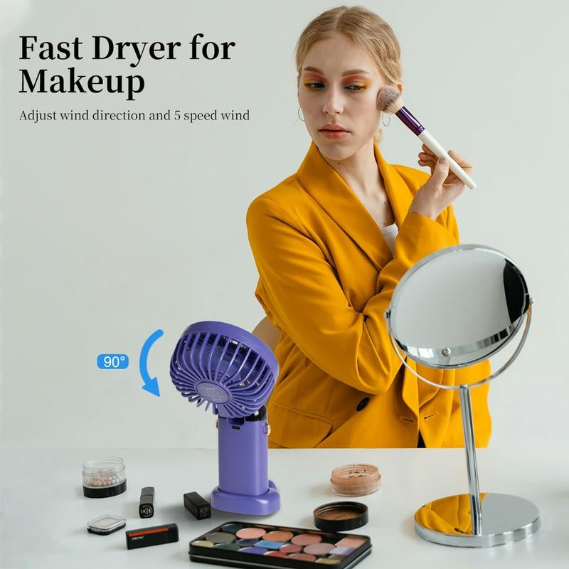 Portable Handheld Fan, 4000Mah Battery Operated with LED Display, 3-In-1 Personal Small Fan for Handheld/Neck/Desk, 90 Foldable with Base, 5 Speed Lash Makeup Fan,8 Hours, for Dorm Bedroom Office