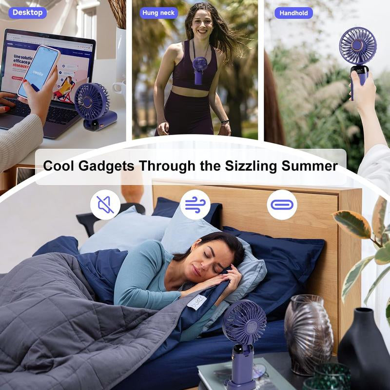 Portable Handheld Fan, 4000Mah Battery Operated with LED Display, 3-In-1 Personal Small Fan for Handheld/Neck/Desk, 90 Foldable with Base, 5 Speed Lash Makeup Fan,8 Hours, for Dorm Bedroom Office