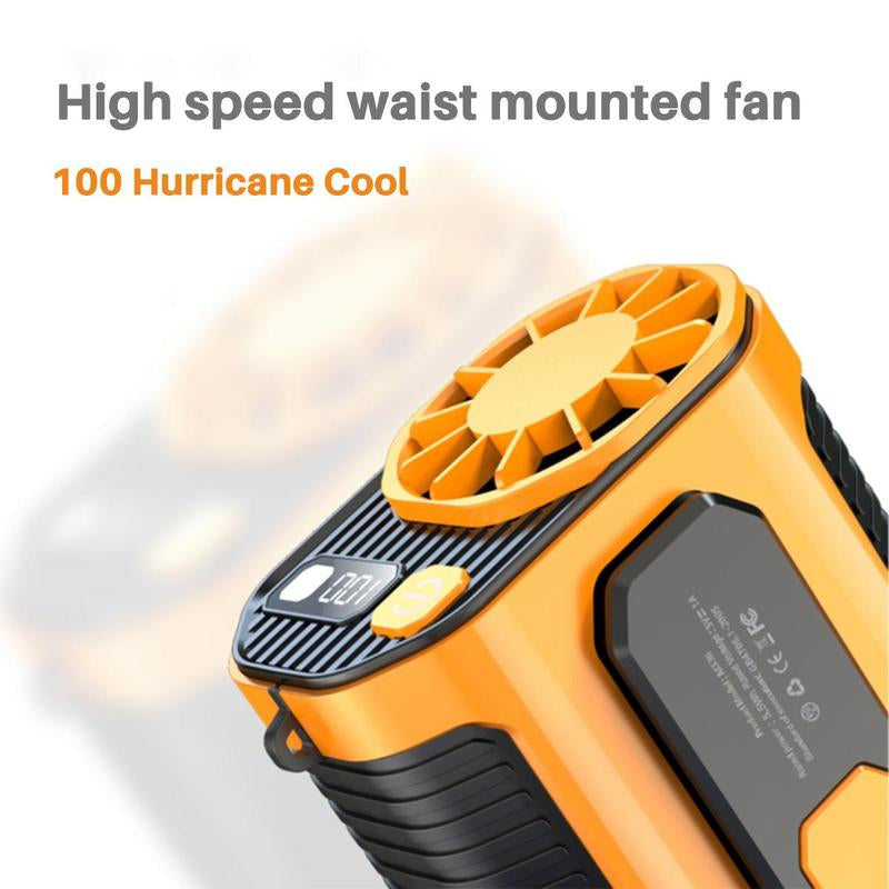 Portable Fan, USB Rechargeable Handheld Fan Portable Waist Cooling Fan with Waist Clip & LED Lights & Power Display, Waist Clip on Fan, Battery Powered Fans with 10-Speed for Outdoor & Indoor, Portable Waist Fan, Travel Essentials for Camping