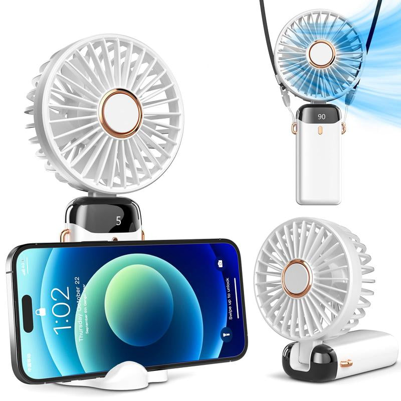 Portable Handheld Fan, 4000Mah Battery Operated with LED Display, 3-In-1 Personal Small Fan for Handheld/Neck/Desk, 90 Foldable with Base, 5 Speed Lash Makeup Fan,8 Hours, for Dorm Bedroom Office