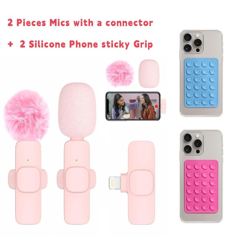 2 Pcs Mini Professional Wireless Lavalier Lapel Microphone + Silicone Phone Sticky Grip for Iphone, Android, Ipad - for Video Audio Smartphone.