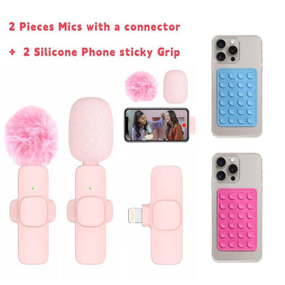 2 Pcs Mini Professional Wireless Lavalier Lapel Microphone + Silicone Phone Sticky Grip for Iphone, Android, Ipad - for Video Audio Smartphone.