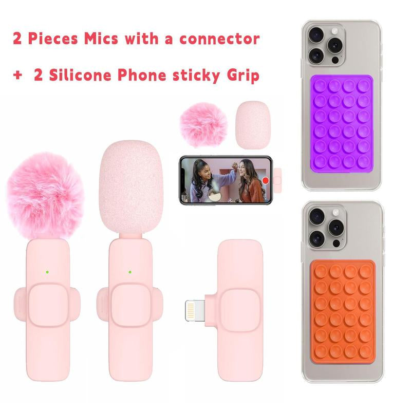 2 Pcs Mini Professional Wireless Lavalier Lapel Microphone + Silicone Phone Sticky Grip for Iphone, Android, Ipad - for Video Audio Smartphone.