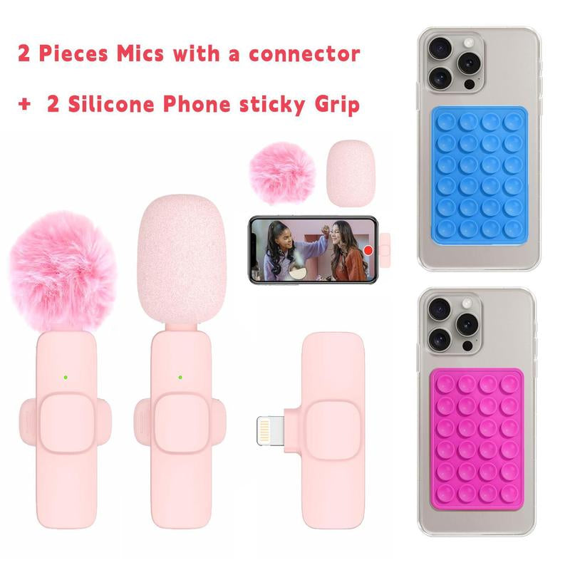 2 Pcs Mini Professional Wireless Lavalier Lapel Microphone + Silicone Phone Sticky Grip for Iphone, Android, Ipad - for Video Audio Smartphone.