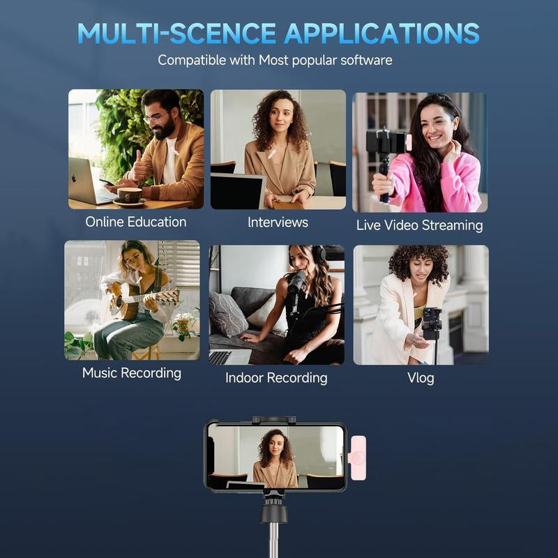 2 Pcs Mini Professional Wireless Lavalier Lapel Microphone + Silicone Phone Sticky Grip for Iphone, Android, Ipad - for Video Audio Smartphone.