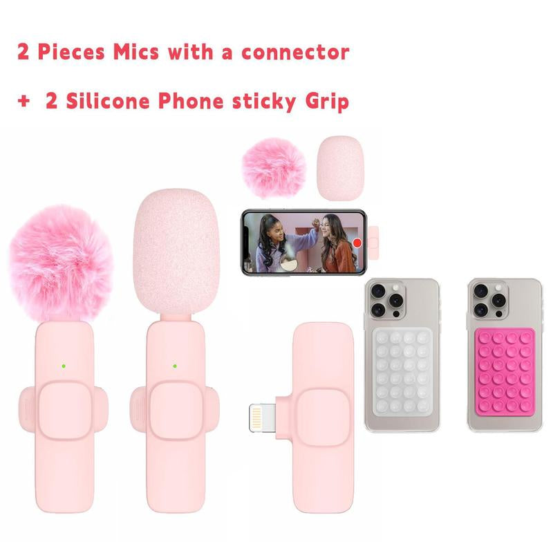 2 Pcs Mini Professional Wireless Lavalier Lapel Microphone + Silicone Phone Sticky Grip for Iphone, Android, Ipad - for Video Audio Smartphone.