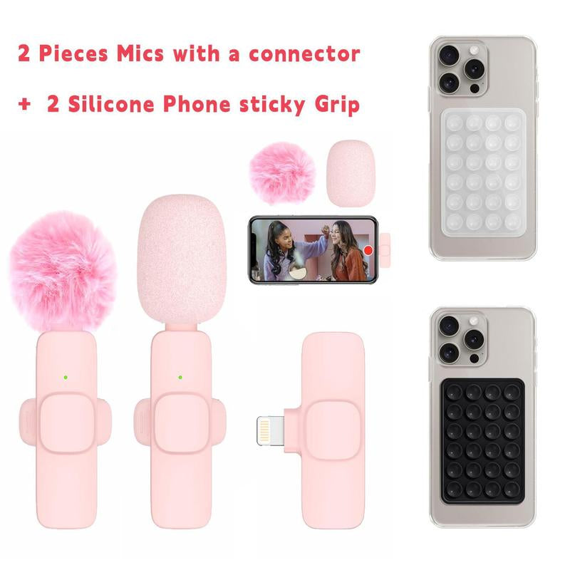 2 Pcs Mini Professional Wireless Lavalier Lapel Microphone + Silicone Phone Sticky Grip for Iphone, Android, Ipad - for Video Audio Smartphone.